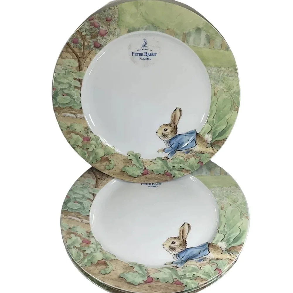 4pc Beatrix Potter Peter Rabbit Easter Bunny 10.5in Dinner Plates Spring Garden